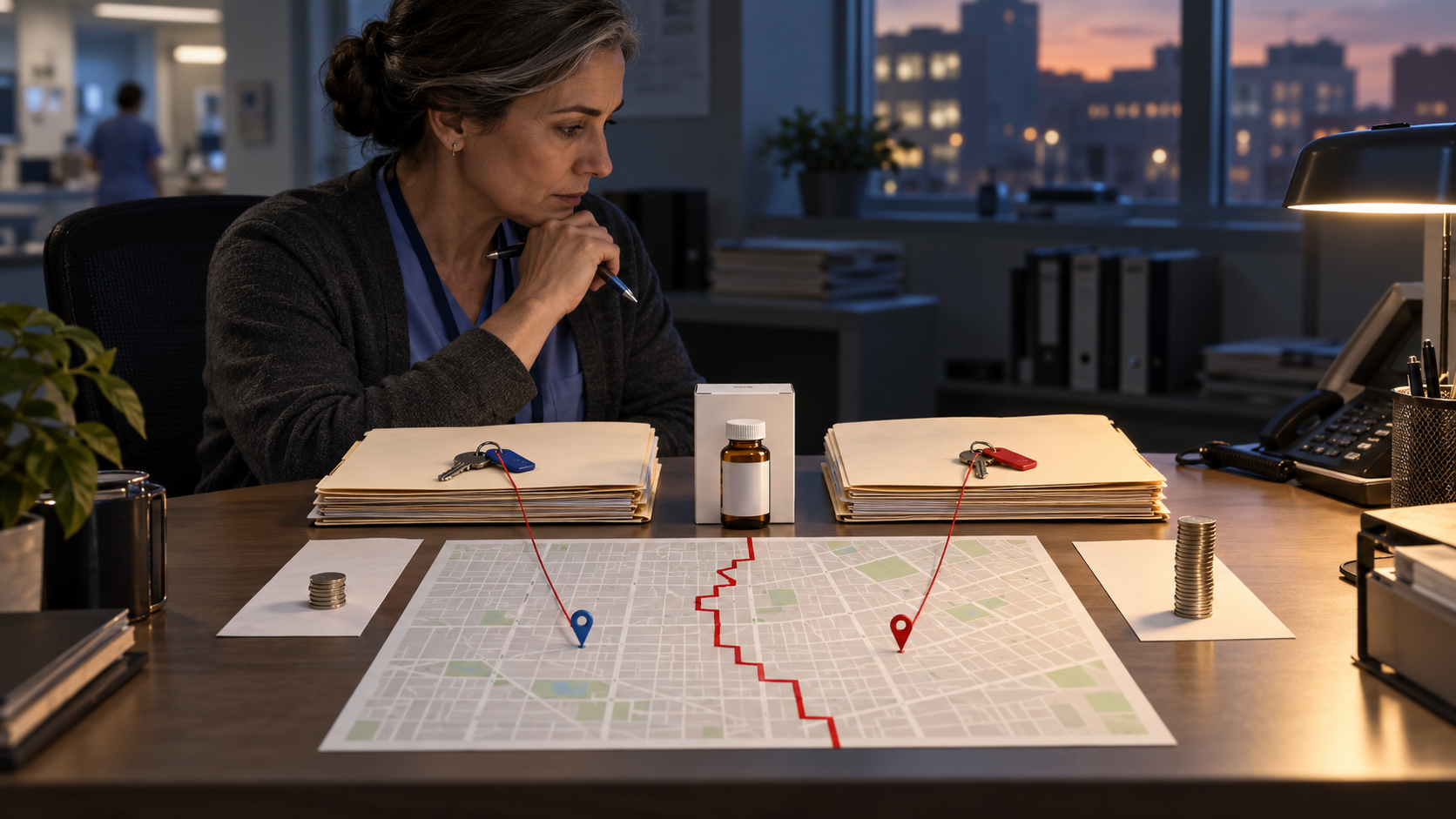 A clinical worker reviews two medicine files linked to addresses on opposite sides of a map boundary.