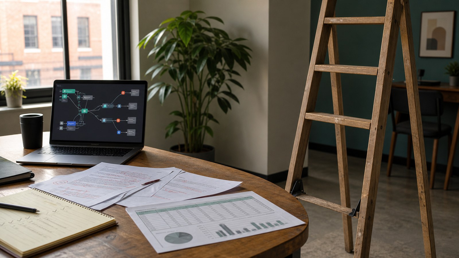 Editorial desk scene with a small ladder, laptop, marked-up drafts, spreadsheet, and notebook representing early-career practice under AI