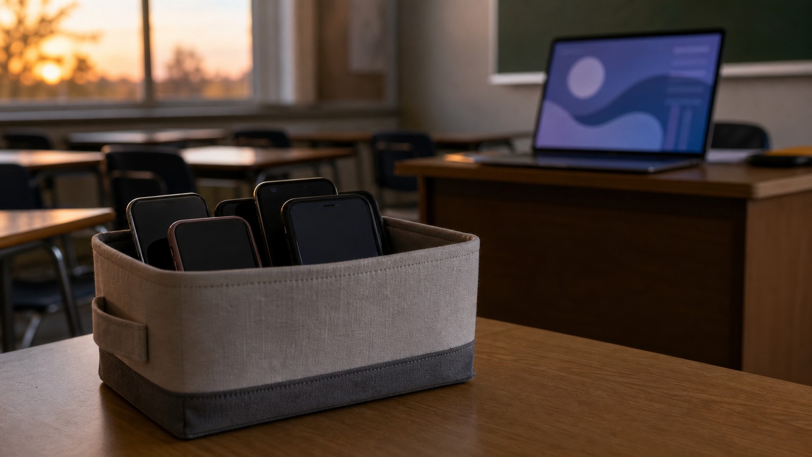 Editorial classroom image with phones collected in a basket and a laptop glowing softly in the background