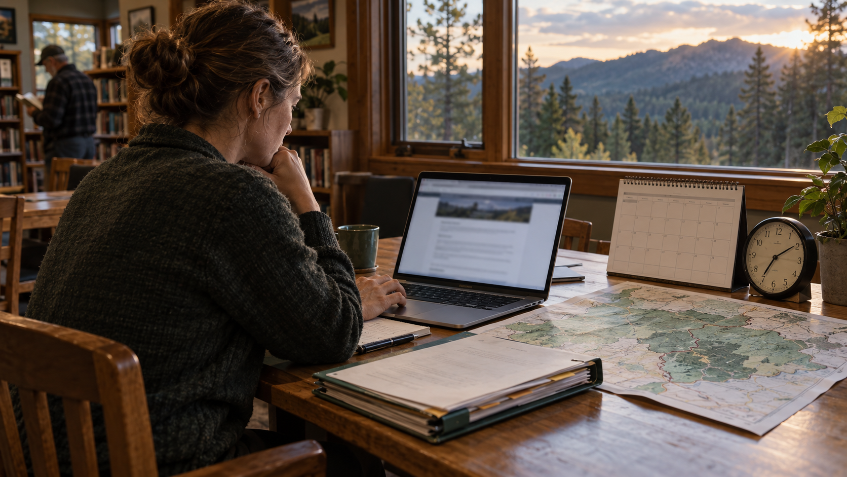 A woman reviews a forest project webpage beside a map, calendar, and clock with forested mountains outside.