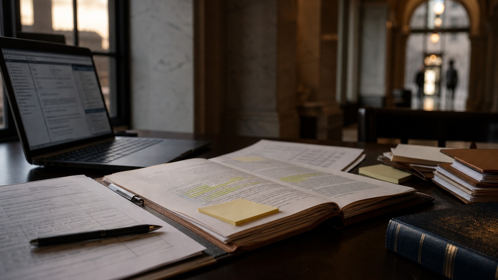 Editorial photograph of court papers, highlighted legal text, and a laptop on a courthouse desk