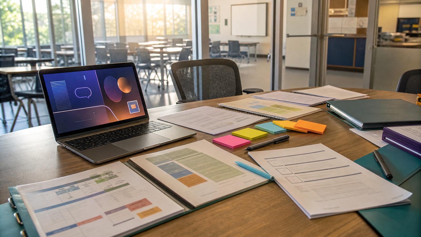 Editorial school meeting table with an AI laptop interface, paper checklists, lesson plans, and a classroom visible in the background