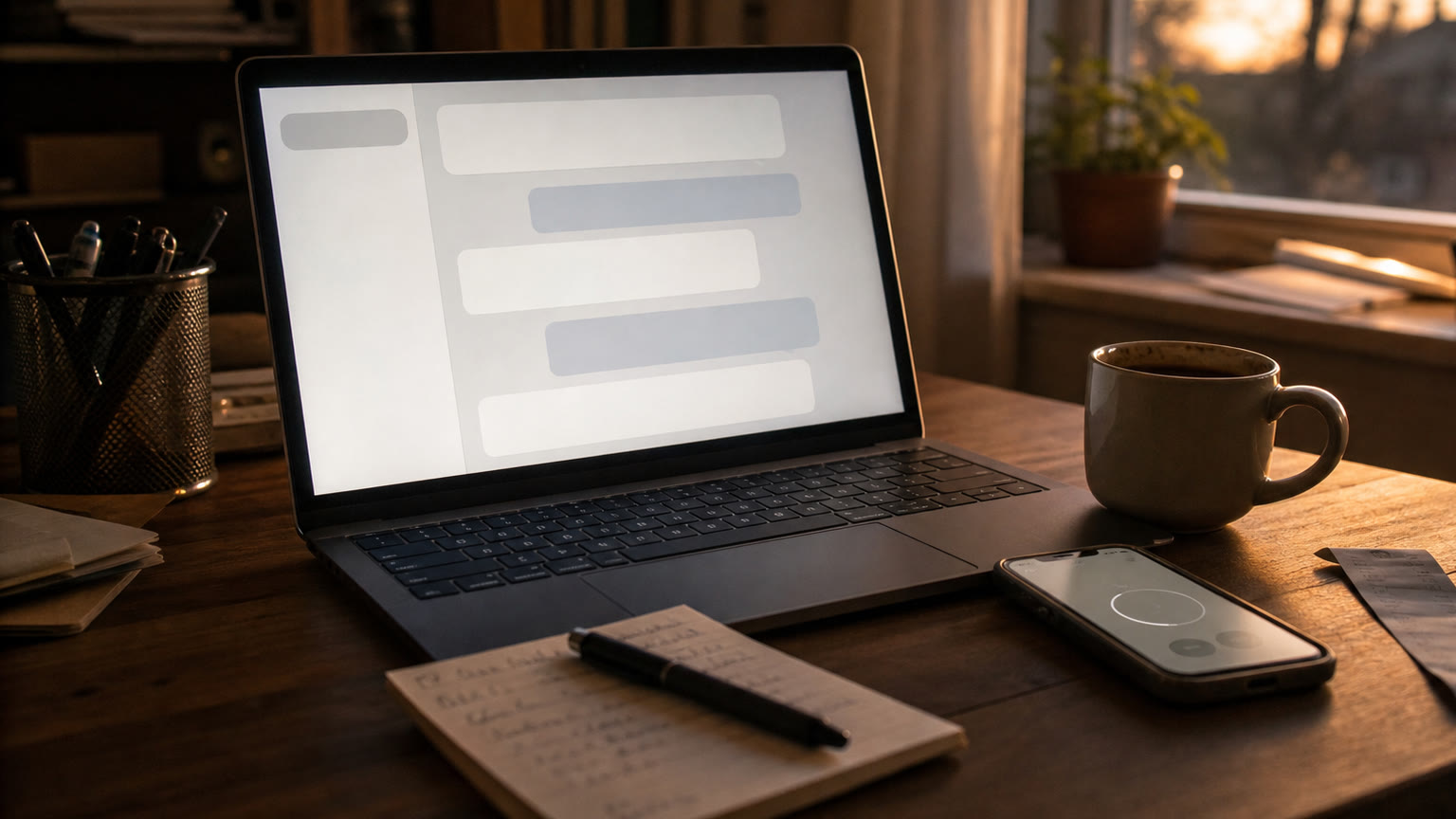 Warm editorial desk scene with a laptop, phone timer, coffee, notes, and a receipt-like paper suggesting a small task slowed by an AI workflow