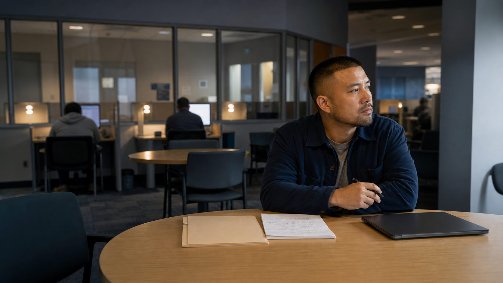 A person reviewing notes in a quiet public employment-resource room.