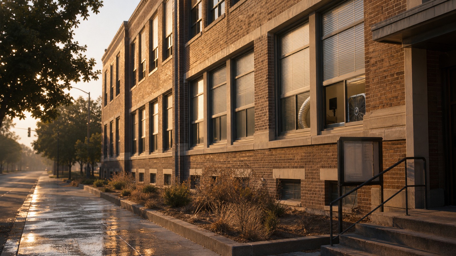 Editorial image of an older brick public building in heat, with shaded windows and cooling equipment visible inside
