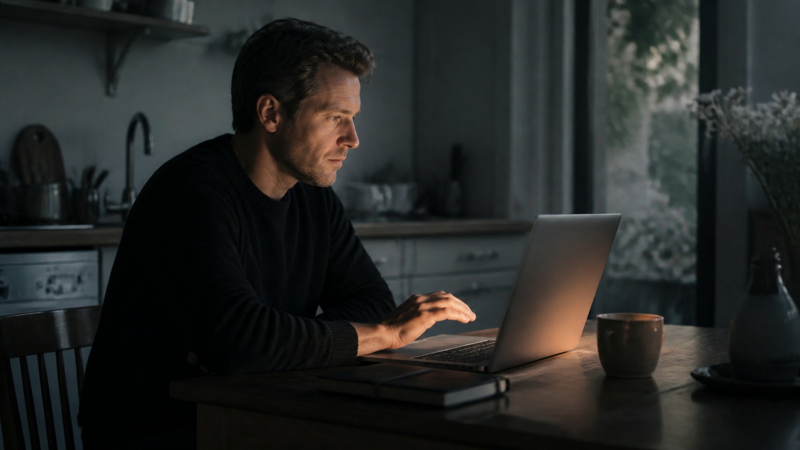 A man pauses over a laptop at a dim kitchen table beside a mug and closed notebook.