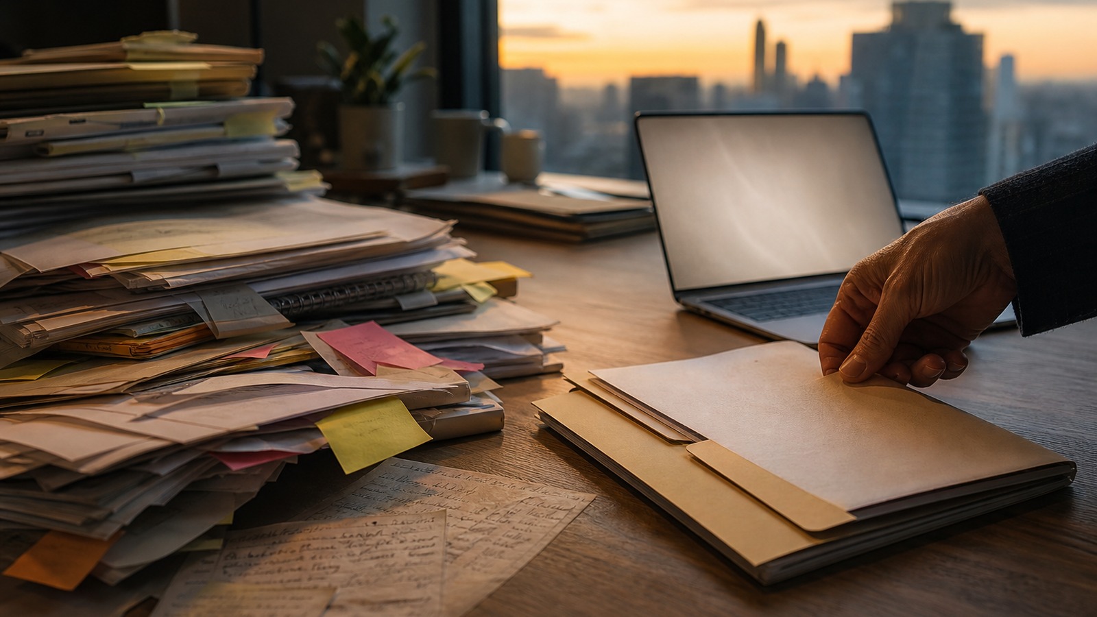 Organized desk with labeled folders, current documents, and a laptop representing clean source material for AI-assisted work